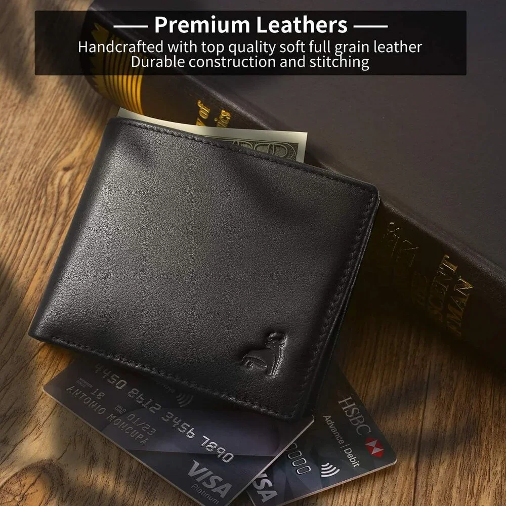 Men's Black Front Zipper Coin Pocket Genuine Leather Bifold Wallet Card Stylish